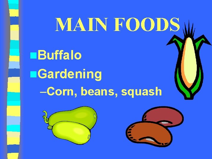 MAIN FOODS n. Buffalo n. Gardening –Corn, beans, squash 