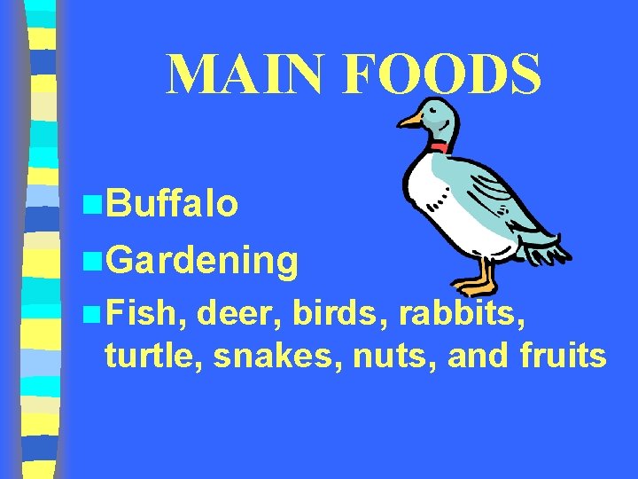 MAIN FOODS n. Buffalo n. Gardening n Fish, deer, birds, rabbits, turtle, snakes, nuts,