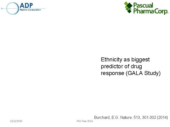 Ethnicity as biggest predictor of drug response (GALA Study) 10/3/2020 PGC Nov 2016 Burchard,