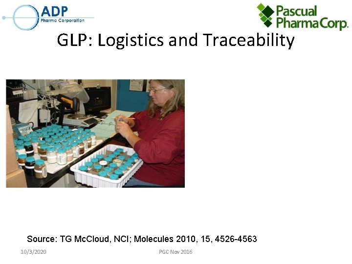 GLP: Logistics and Traceability Source: TG Mc. Cloud, NCI; Molecules 2010, 15, 4526 -4563