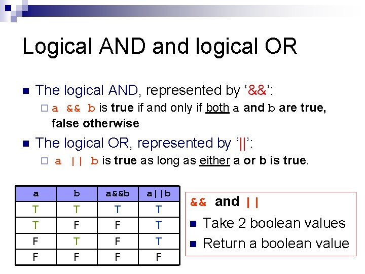 Logical AND and logical OR n The logical AND, represented by ‘&&’: && b Logical AND and logical OR n The logical AND, represented by ‘&&’: && b