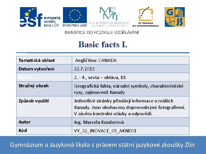 Basic facts I. Tematická oblast Angličtina: CANADA Datum vytvoření 22. 7. 2013 Ročník 2.