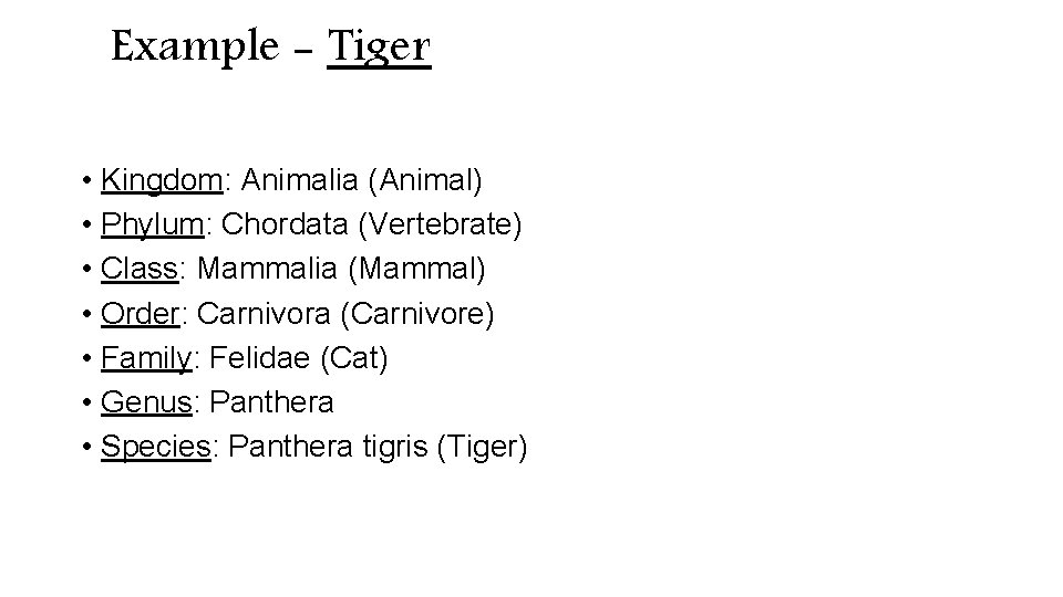Example - Tiger • Kingdom: Animalia (Animal) • Phylum: Chordata (Vertebrate) • Class: Mammalia Example - Tiger • Kingdom: Animalia (Animal) • Phylum: Chordata (Vertebrate) • Class: Mammalia