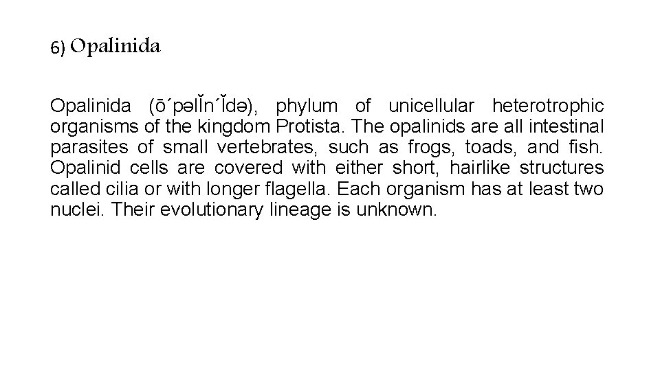 6) Opalinida (ō´pəlĬn´Ĭdə), phylum of unicellular heterotrophic organisms of the kingdom Protista. The opalinids 6) Opalinida (ō´pəlĬn´Ĭdə), phylum of unicellular heterotrophic organisms of the kingdom Protista. The opalinids