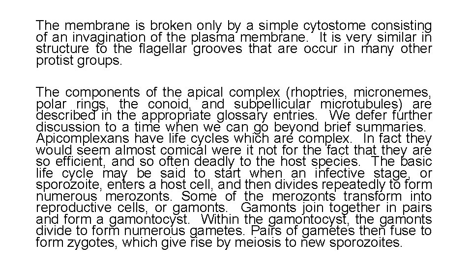 The membrane is broken only by a simple cytostome consisting of an invagination of The membrane is broken only by a simple cytostome consisting of an invagination of
