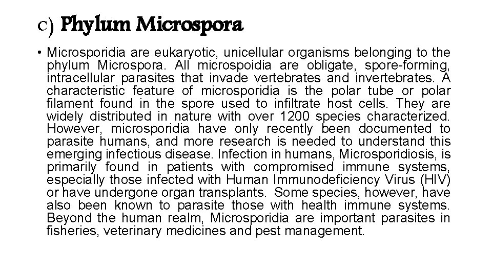 c) Phylum Microspora • Microsporidia are eukaryotic, unicellular organisms belonging to the phylum Microspora. c) Phylum Microspora • Microsporidia are eukaryotic, unicellular organisms belonging to the phylum Microspora.