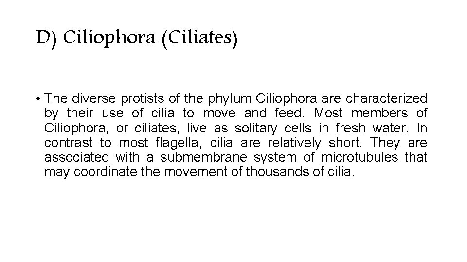 D) Ciliophora (Ciliates) • The diverse protists of the phylum Ciliophora are characterized by D) Ciliophora (Ciliates) • The diverse protists of the phylum Ciliophora are characterized by
