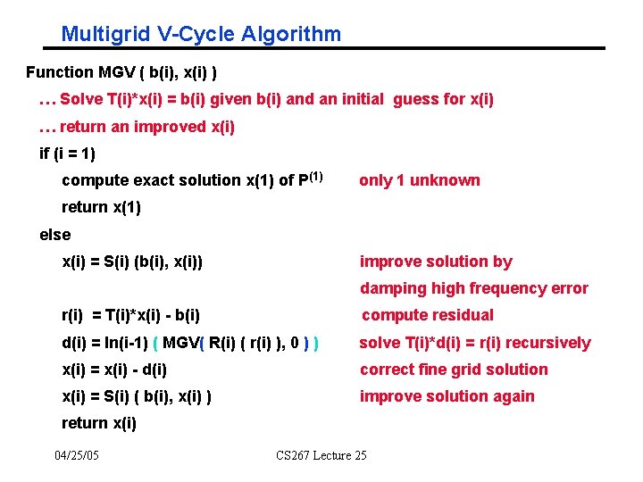 Multigrid V-Cycle Algorithm Function MGV ( b(i), x(i) ) … Solve T(i)*x(i) = b(i)