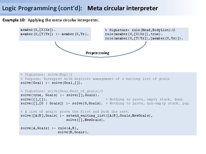 Logic Programming (cont’d): Meta circular interpreter Example 10: Applying the meta circular interpreter. member(X,