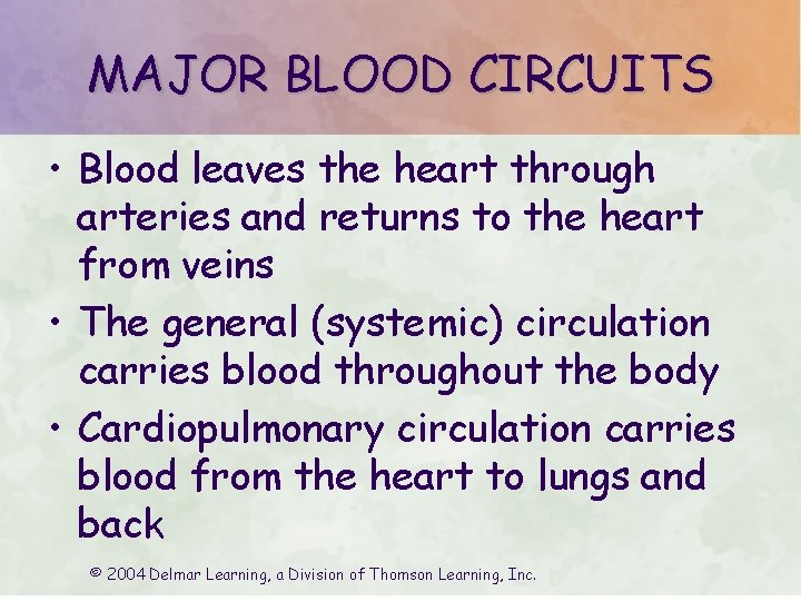 MAJOR BLOOD CIRCUITS • Blood leaves the heart through arteries and returns to the