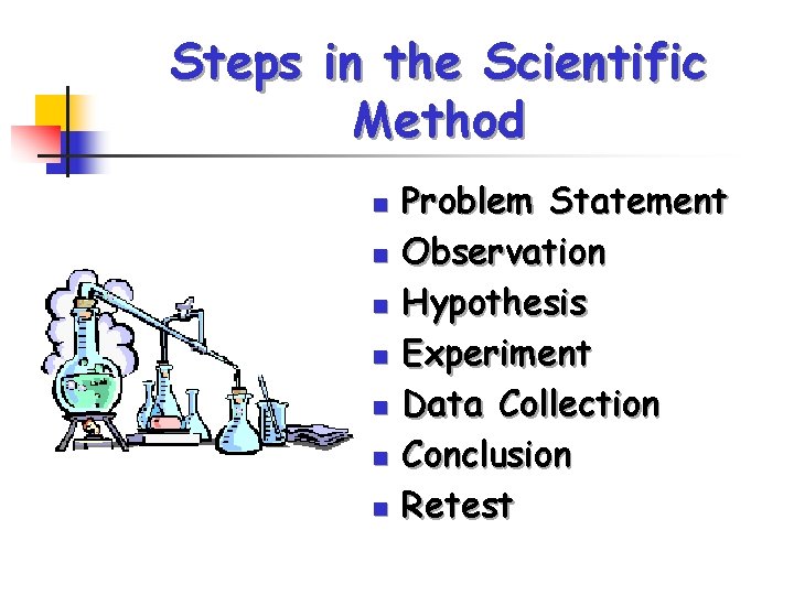 Steps in the Scientific Method n n n n Problem Statement Observation Hypothesis Experiment Steps in the Scientific Method n n n n Problem Statement Observation Hypothesis Experiment