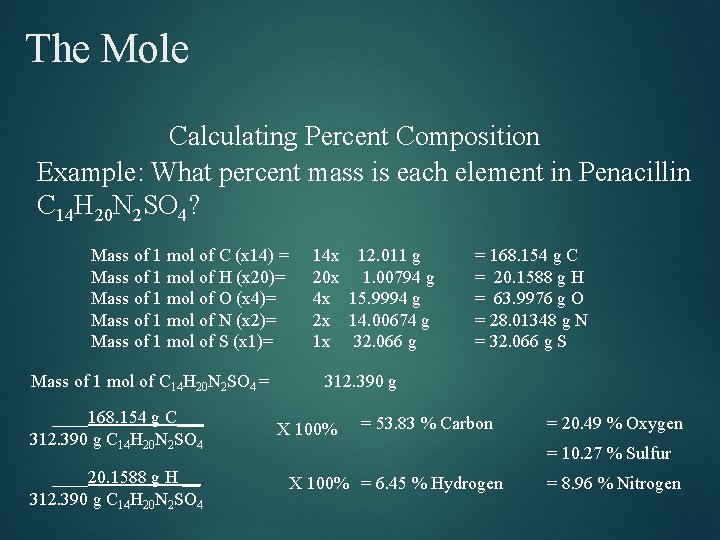 The Mole Calculating Percent Composition Example: What percent mass is each element in Penacillin The Mole Calculating Percent Composition Example: What percent mass is each element in Penacillin