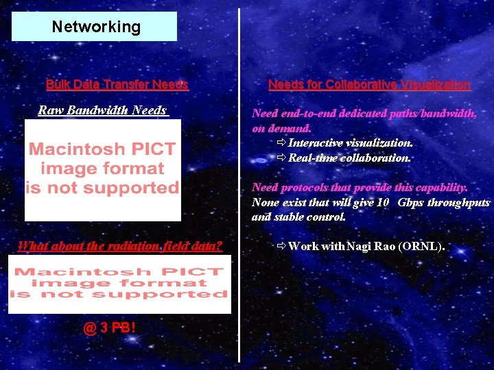 Networking Bulk Data Transfer Needs Raw Bandwidth Needs for Collaborative Visualization Need end-to-end dedicated