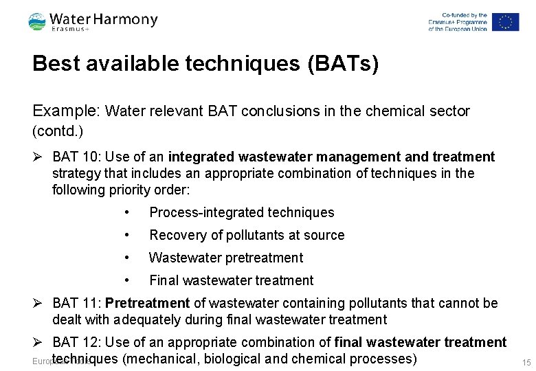 Best available techniques (BATs) Example: Water relevant BAT conclusions in the chemical sector (contd.