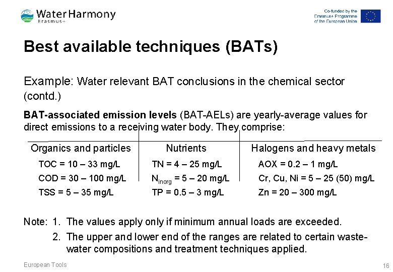 Best available techniques (BATs) Example: Water relevant BAT conclusions in the chemical sector (contd.