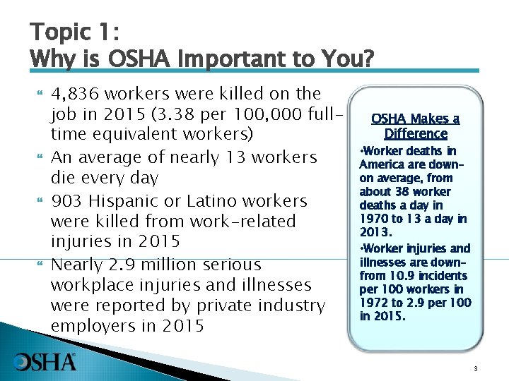 Topic 1: Why is OSHA Important to You? 4, 836 workers were killed on