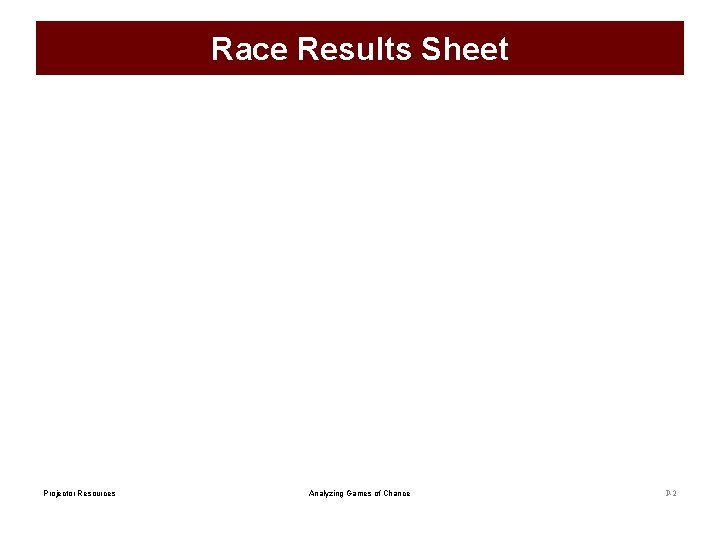 Race Results Sheet Projector Resources Analyzing Games of Chance P-2 