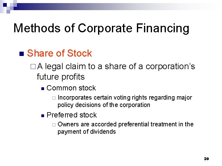 Methods of Corporate Financing n Share of Stock ¨A legal claim to a share