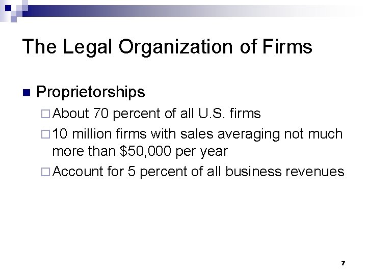 The Legal Organization of Firms n Proprietorships ¨ About 70 percent of all U.
