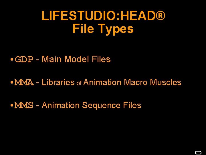 LIFESTUDIO: HEAD® File Types • GDP - Main Model Files • MMA - Libraries LIFESTUDIO: HEAD® File Types • GDP - Main Model Files • MMA - Libraries