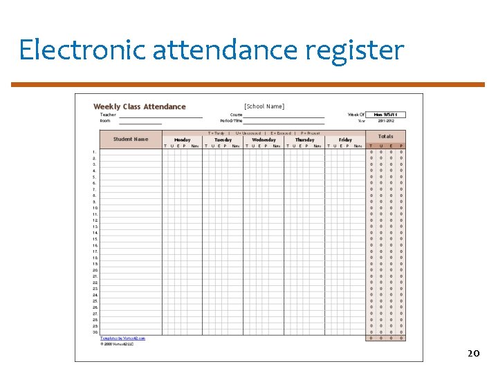 Electronic attendance register 20 