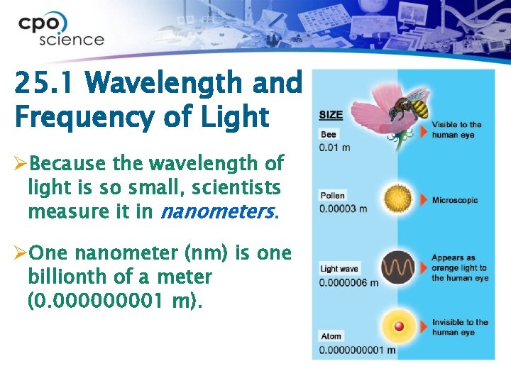 25. 1 Wavelength and Frequency of Light ØBecause the wavelength of light is so