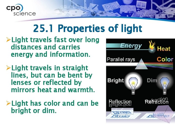 25. 1 Properties of light ØLight travels fast over long distances and carries energy