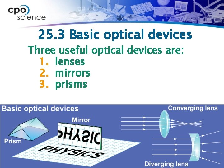 25. 3 Basic optical devices Three useful optical devices are: 1. lenses 2. mirrors