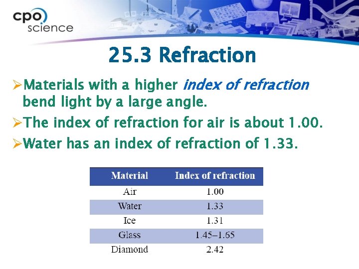 25. 3 Refraction ØMaterials with a higher index of refraction bend light by a