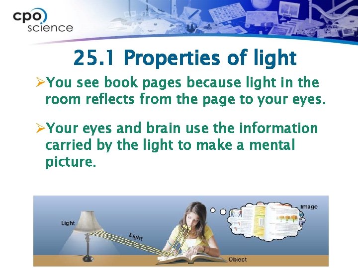 25. 1 Properties of light ØYou see book pages because light in the room