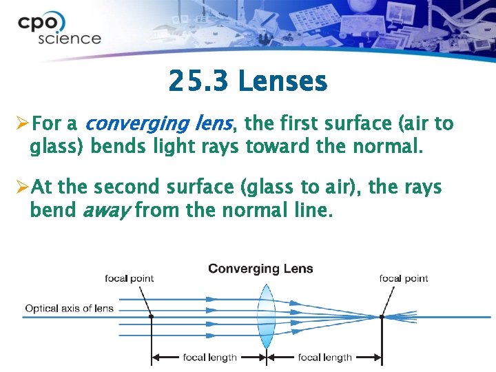 25. 3 Lenses ØFor a converging lens, the first surface (air to glass) bends