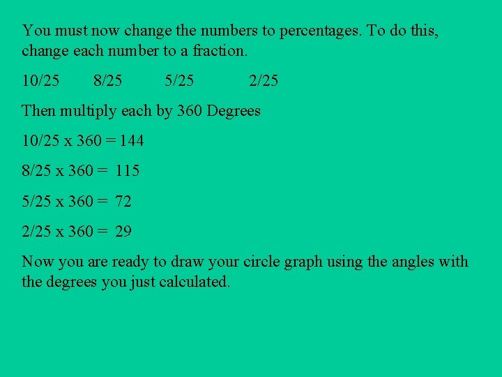 You must now change the numbers to percentages. To do this, change each number You must now change the numbers to percentages. To do this, change each number