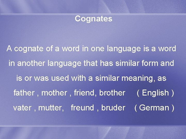 Cognates A cognate of a word in one language is a word in another