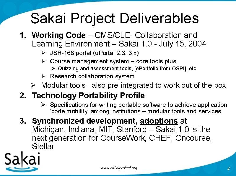 Sakai Project Deliverables 1. Working Code – CMS/CLE- Collaboration and Learning Environment – Sakai