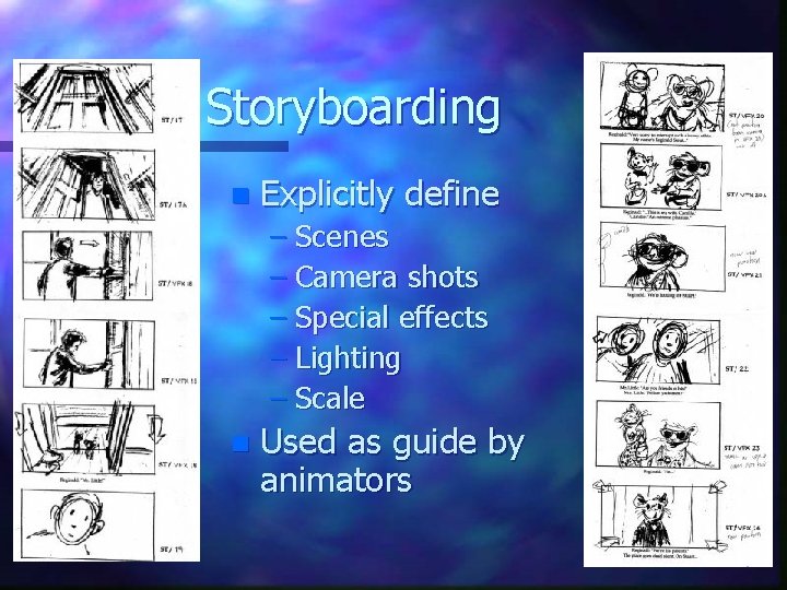 Storyboarding n Explicitly define – Scenes – Camera shots – Special effects – Lighting