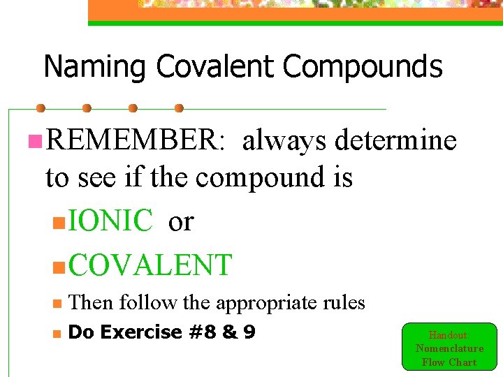 Naming Covalent Compounds n REMEMBER: always determine to see if the compound is n.