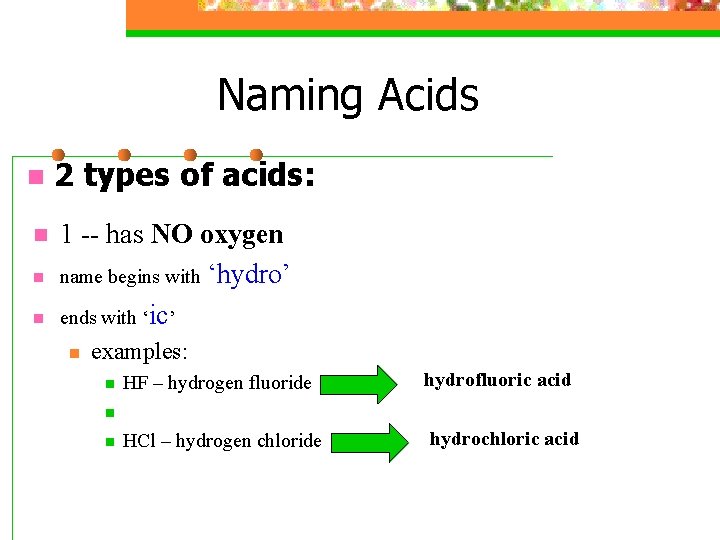 Naming Acids n 2 types of acids: n 1 -- has NO oxygen name