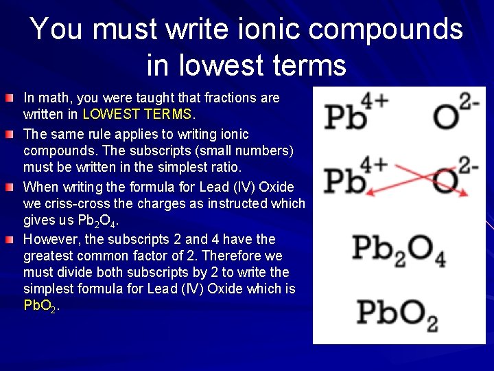 You must write ionic compounds in lowest terms In math, you were taught that