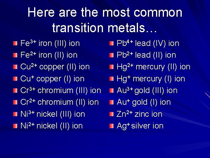 Here are the most common transition metals… Fe 3+ iron (III) ion Fe 2+