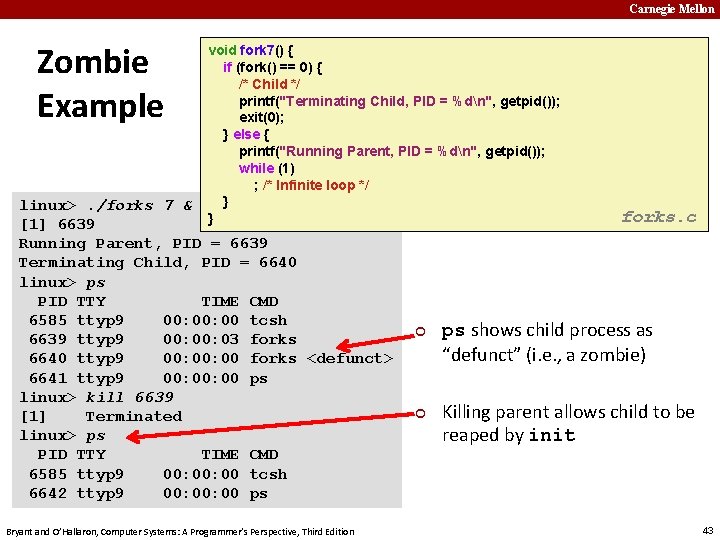 Carnegie Mellon Zombie Example void fork 7() { if (fork() == 0) { /*