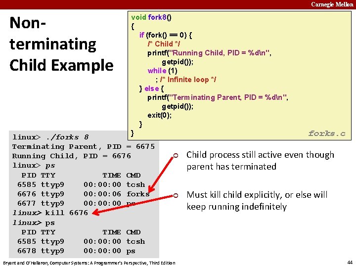 Carnegie Mellon Nonterminating Child Example void fork 8() { if (fork() == 0) {