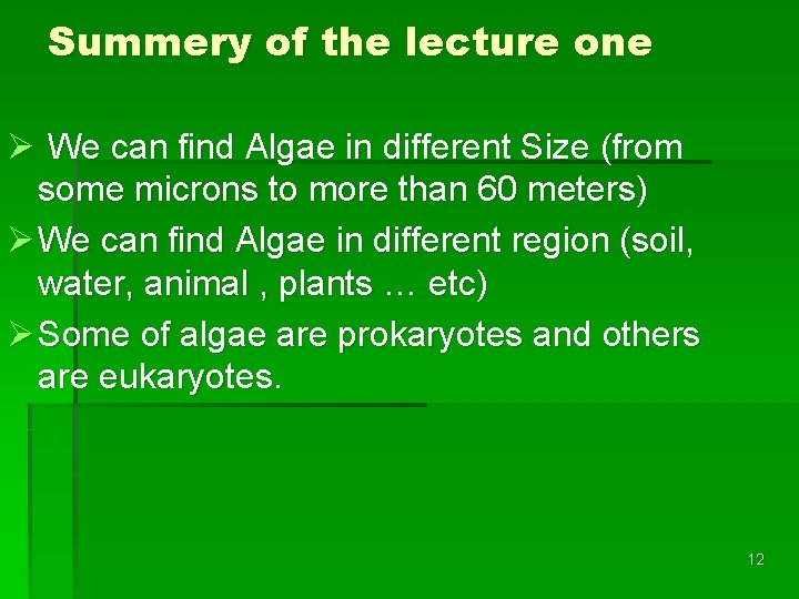 Summery of the lecture one Ø We can find Algae in different Size (from