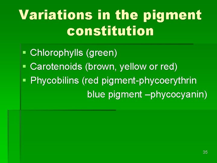 Variations in the pigment constitution § § § Chlorophylls (green) Carotenoids (brown, yellow or