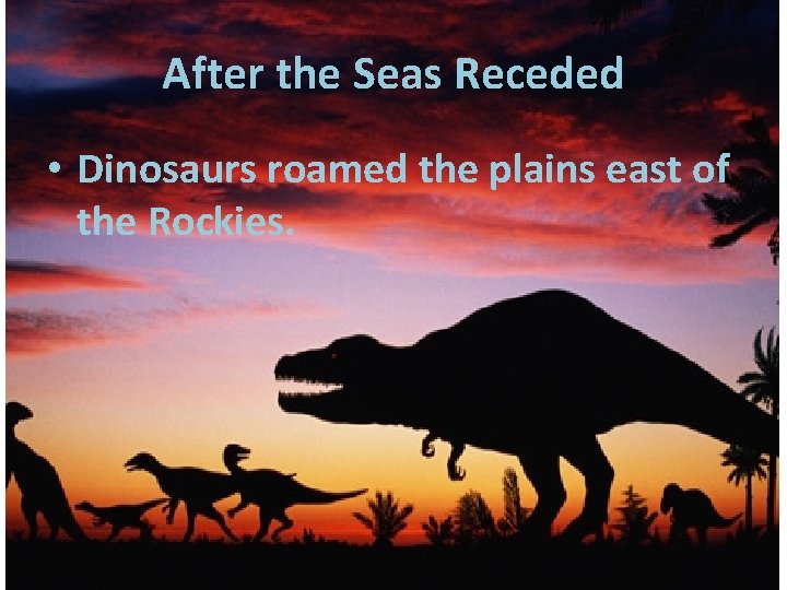 After the Seas Receded • Dinosaurs roamed the plains east of the Rockies. 