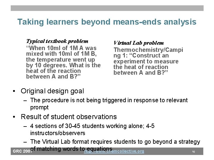 Taking learners beyond means-ends analysis Typical textbook problem “When 10 ml of 1 M