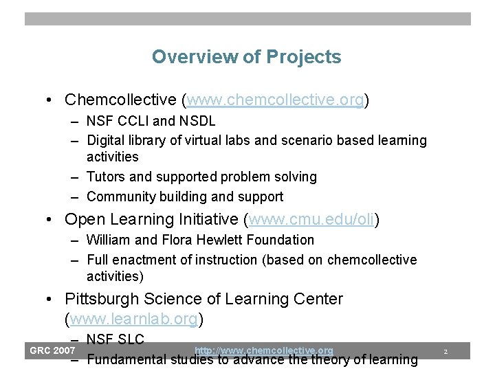 Overview of Projects • Chemcollective (www. chemcollective. org) – NSF CCLI and NSDL –