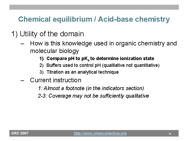 Chemical equilibrium / Acid-base chemistry 1) Utility of the domain – How is this