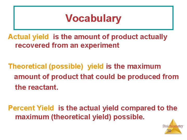 Vocabulary Actual yield is the amount of product actually recovered from an experiment Theoretical