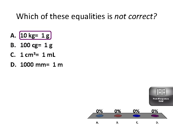 Which of these equalities is not correct? A. B. C. D. 10 kg= 1