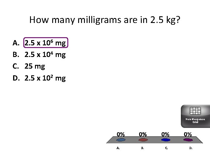 How many milligrams are in 2. 5 kg? A. B. C. D. 2. 5